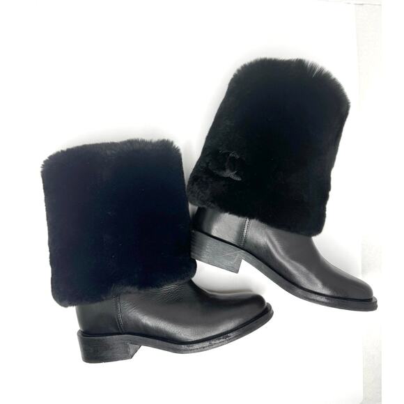 CHANEL Black Fur Calfskin Fold-Over Short Boots EU 37.5 CC Logo Ankle Booties - Picture 2 of 10